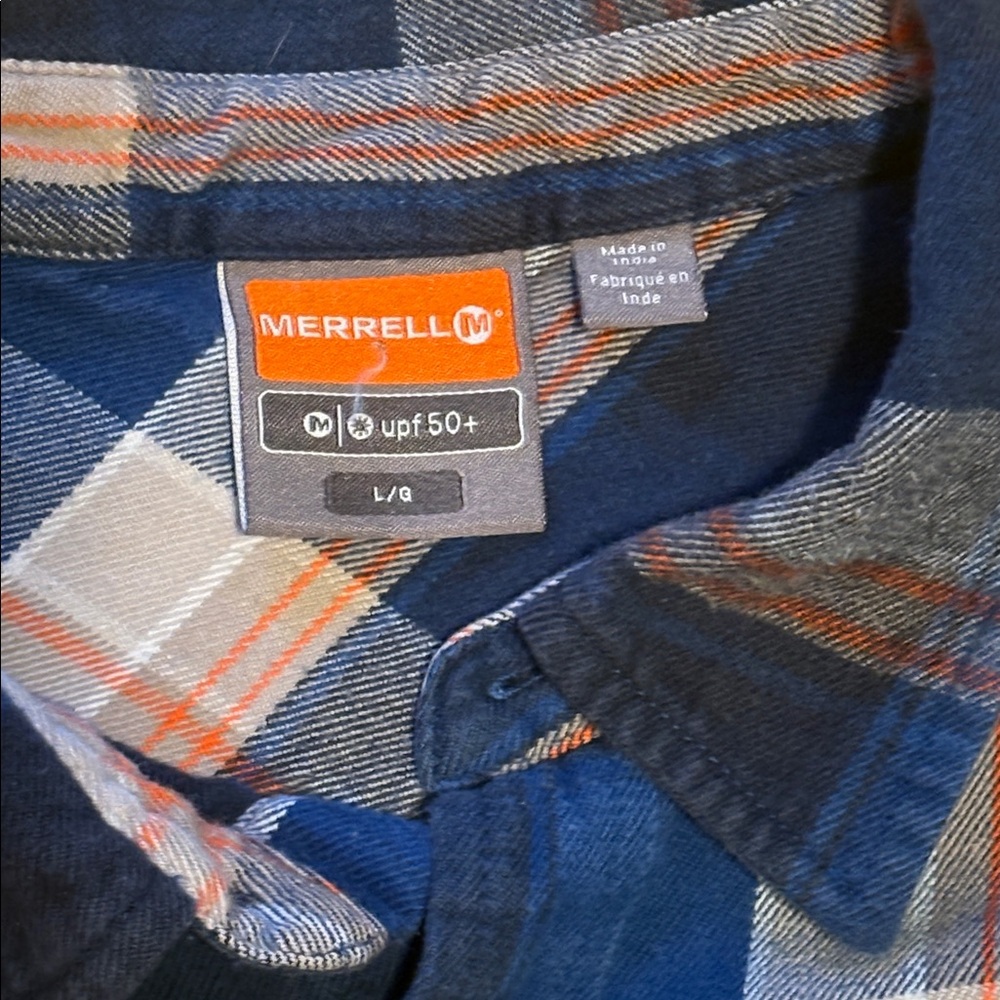 Merrell Navy Blue and Tan Plaid flannel Long-Sleeve Button-Down Shirt - Picture 2 of 9